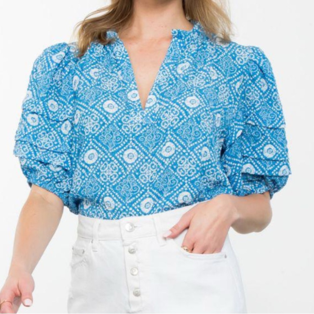 THML Turquoise Blue Printed Puff-Sleeve V-Neck Blouse